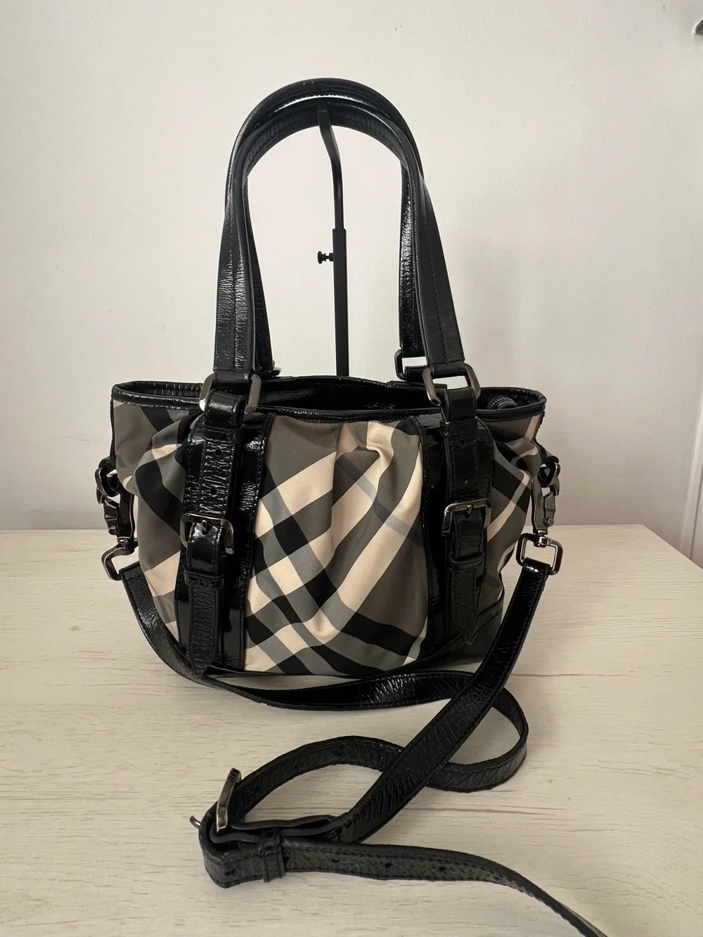 Burberry Black and Beige Checked Tote with Patent Trim